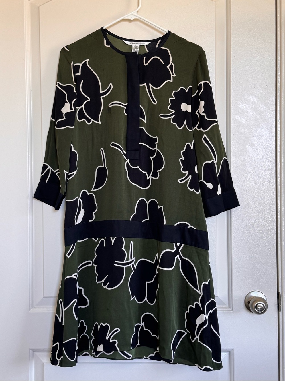 Diane Von Furstenberg Olive Green Floral Dress with Black Trim